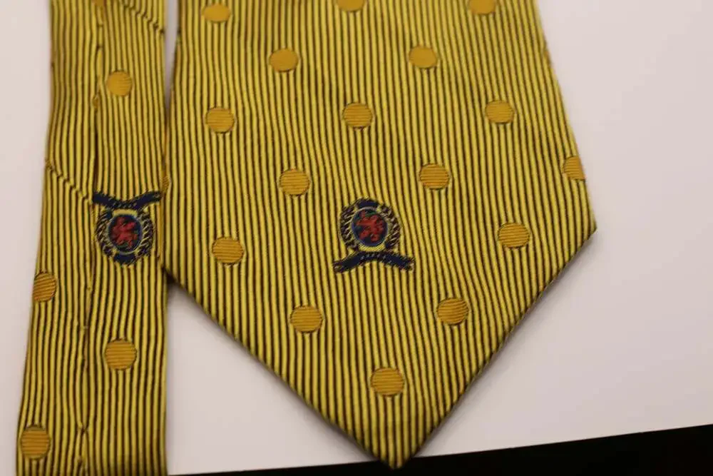 Vintage Tommy Hilfiger Gold Striped Silk Tie with Polka Dots and Crest Logo